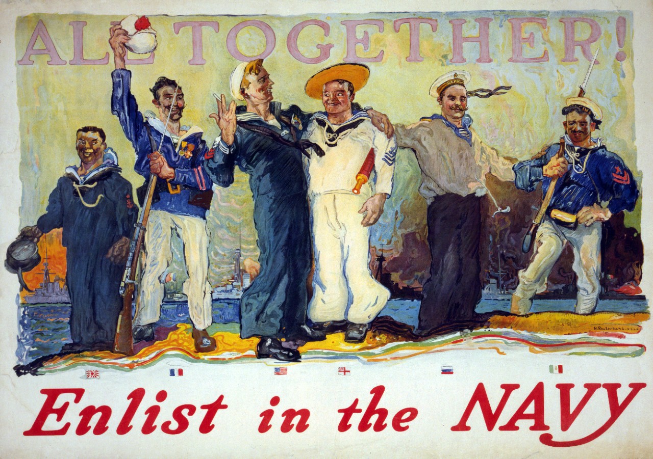 <p>LC-USZC4-9846: WWI Recruiting Poster – “All Together! Enlist in the Navy” Artwork by Henry Reuterdahl. Poster shows an American sailor among sailors from various countries. Courtesy of the Library of Congress.</p>
