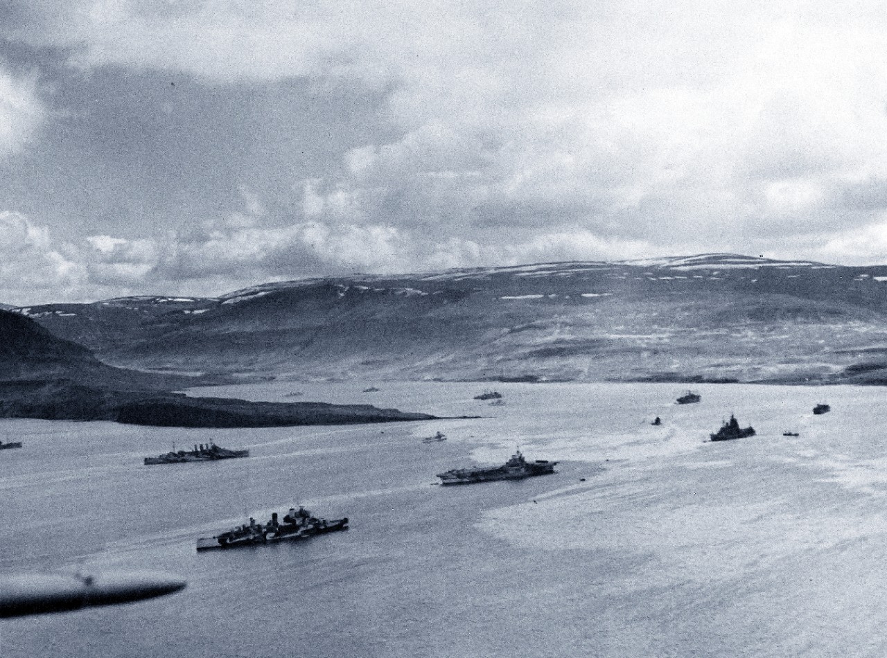 <p>80-G-24824: PQ-17 Arctic Convoy, June-July 1942. The covering forces of the PQ-17 Convoy (British and American ships) at anchor in the harbor at Hvalfjord, Iceland.&nbsp;</p>
