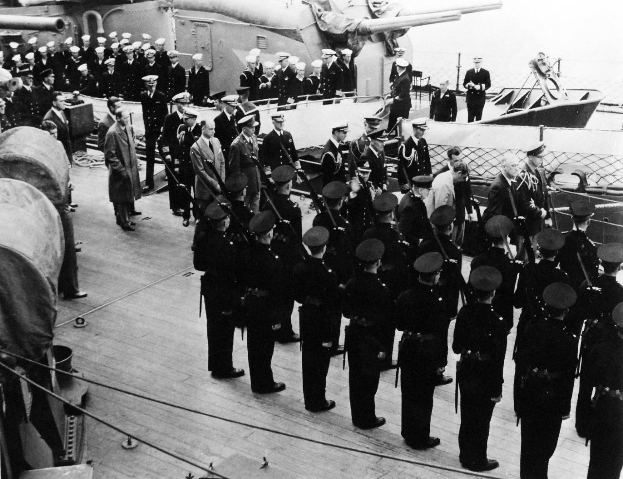 80-G-26856: Atlantic Charter, August 1941. President Franklin D. Roosevelt and staff coming onboard HMS Prince of Wales from USS Augusta (CA-31) during the Atlantic Charter meeting.   Photograph released August 1941.   Official U.S. Navy Photograph, now in the collections of the National Archives.  (2016/03/22).