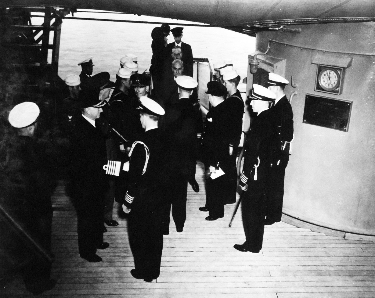 80-G-26858: Atlantic Charter, August 1941.  Prime Minister Winston S. Churchill and party coming onboard USS Augusta (CA-31) during the Atlantic Charter meeting.   Photograph released August 1941.   Official U.S. Navy Photograph, now in the collections of the National Archives.  (2016/03/22).