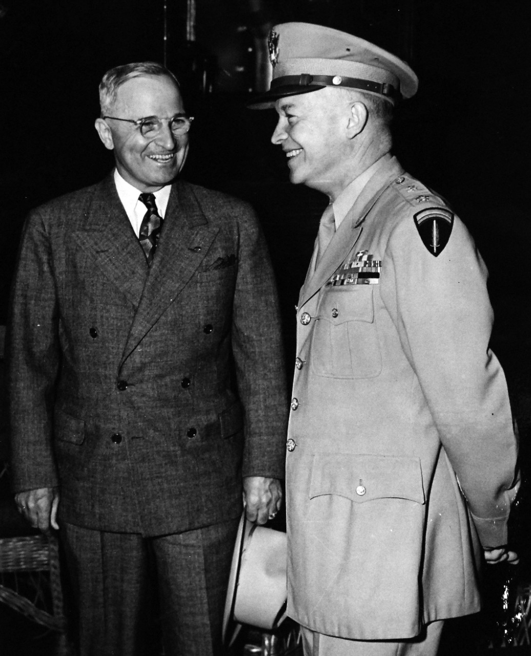 80-G-49922:  Potsdam Conference, July-August 1945.  President Harry S. Truman being greeted by General Dwight D. Eisenhower onboard USS Augusta (CA-31) as he arrived in Antwerp.   Photograph received July 18, 1945.  Official U.S. Navy Photograph, now in the collections of the National Archives.  (2016/02/23).