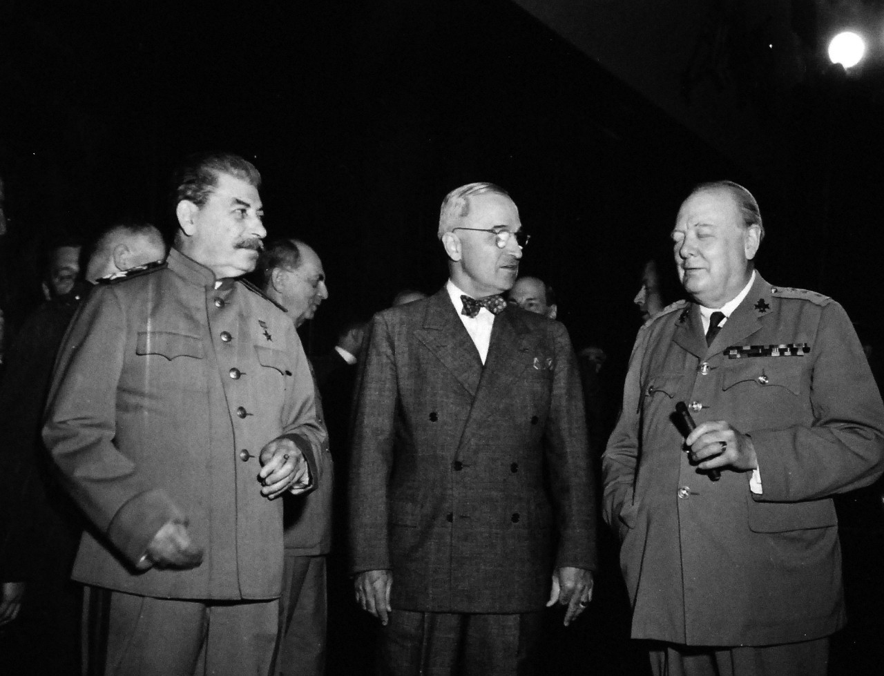 80-G-49985:  Potsdam Conference, July-August 1945.   In between conference sessions, President Harry S. Truman makes a quick tour of Berlin, Germany.   Shown: On the outskirts of the city, he inspects the Second Armored Division.  Shortly following this inspection, he presented the Division with the Presidential Unit Citation.  Photographed by CPhoM Wm. Belknap, received July 16, 1945.  Official U.S. Navy Photograph, now in the collections of the National Archives.  (2016/02/23).