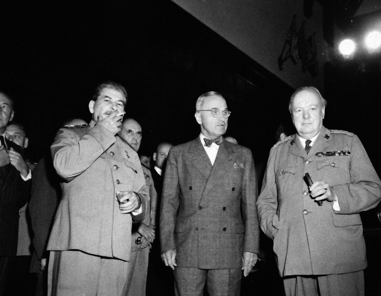 80-G-49961:  Potsdam Conference, July-August 1945.   The “Big Three” in conference room at Potsdam, Germany, just before start of the first session.   Shown: Premier Joseph Stalin, President Harry S. Truman, and Prime Minister Winston Churchill.   Photograph received July 18, 1945.  Official U.S. Navy Photograph, now in the collections of the National Archives.  (2016/02/23).