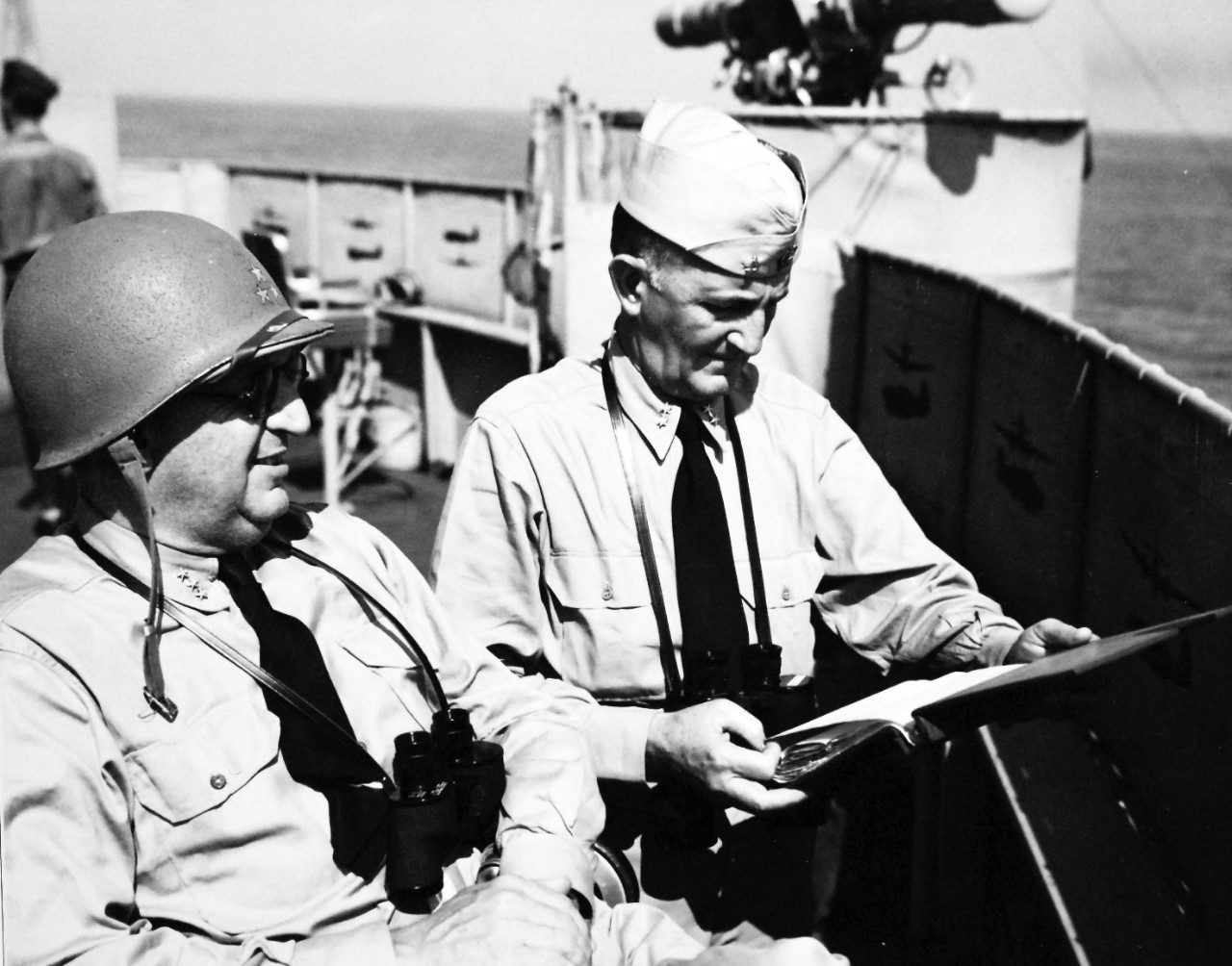 80-G-87316:  Operation Avalanche, September 1943.  Admiral H.K. Hewitt, USN, and Rear Admiral S.S. Lewis, USN, in flag bridge of ship, probably USS Ancon (AGC 4) during operations at Salerno, Italy.  Photograph released September 12, 1943.   U.S. Navy photograph, now in the collections of the National Archives.  (2017/04/04).