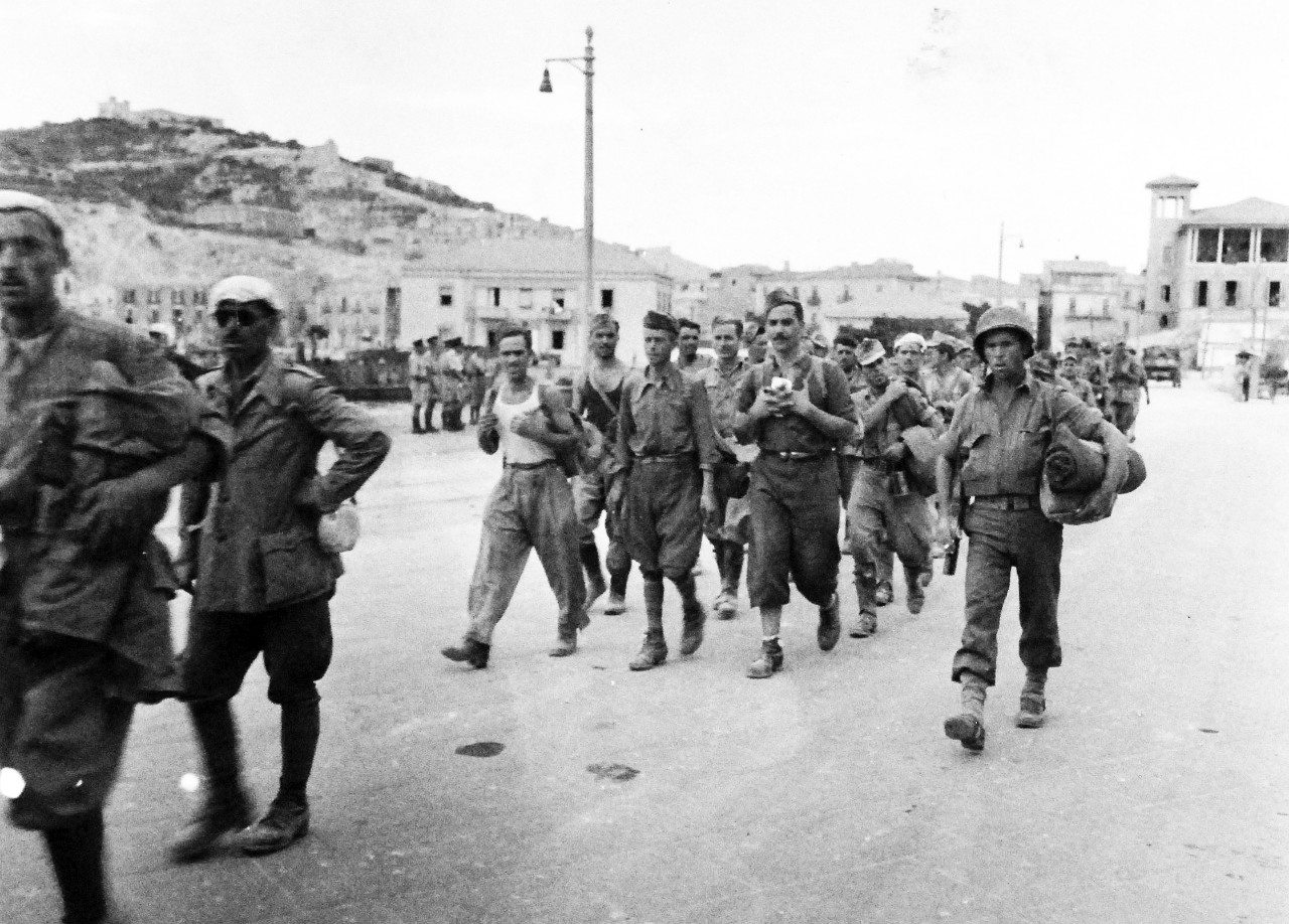 80-G-55362:  Operation Husky, July-August 1943.   Italian Prisoners at Licata, Sicily, Italy.   Photograph received November 11, 1943.  Official U.S. Navy Photograph, now in the collections of the National Archives.  (2015/4/28). 