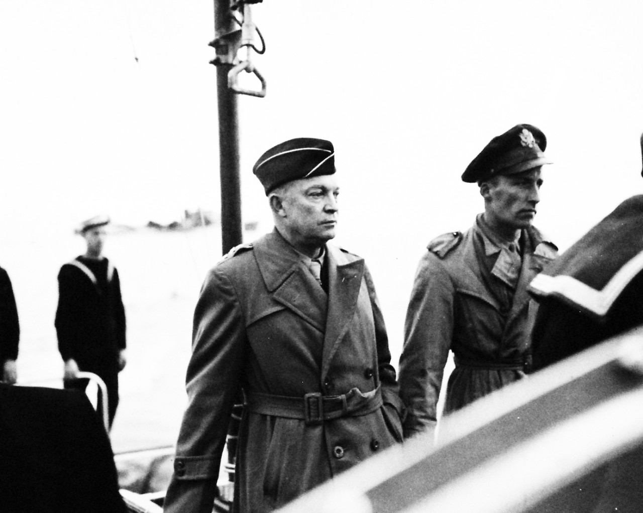 80-G-58290:  General Dwight D. Eisenhower visits Naples, Italy.  Eisenhower is onboard a small craft returning from a destroyer in the harbor.  Photograph taken by USS Biscanye (AVP-11)  received March 2, 1944.  U.S. Navy photograph, now in the collections of the National Archives.  (2016/06/28).