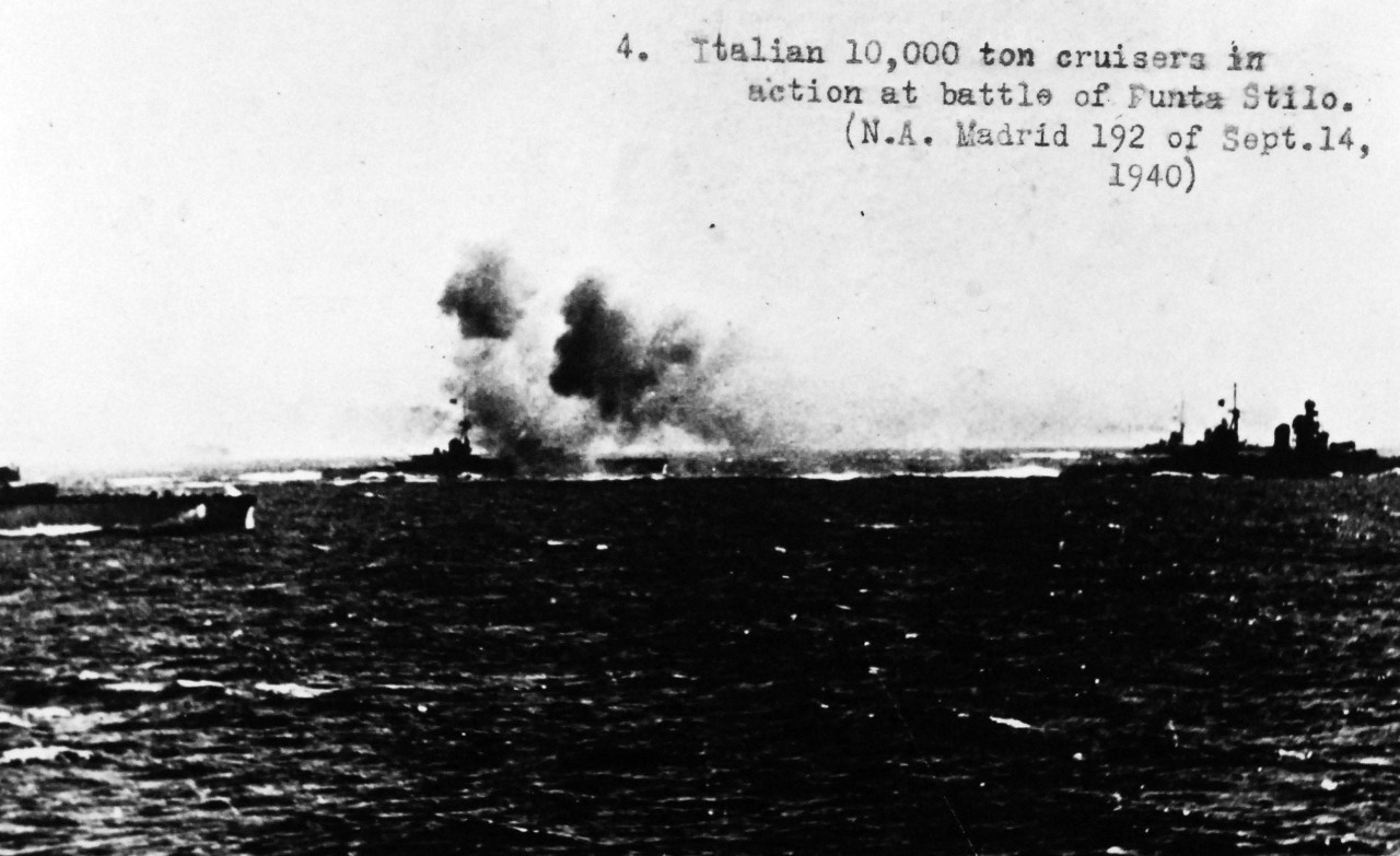 80-CF-Italian Battleship-1: Italian battleship Littorio, July 1940.   Littorio with cruisers in action at the Battle of Punta Stilo, 9 July 1940, photograph dated 14 September 1940.  Official U.S. Navy Photograph, now in the collections of the National Archives.  (2014/09/24).  