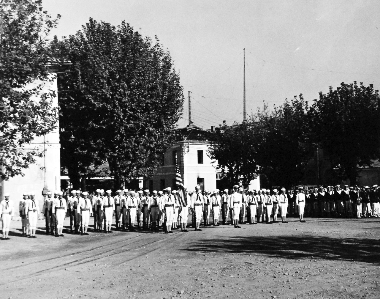 80-G-248726:   Invasion of Southern France, Toulon,  September 1944.   Ceremonies in Toulon celebrating the liberation of France.  Taken by USS Philadelphia (CL-41), 14 September 1944.   Philadelphia crew is shown during ceremony.  Official U.S. Navy Photograph, now in the collection of the National Archives.  (2014/4/10). 