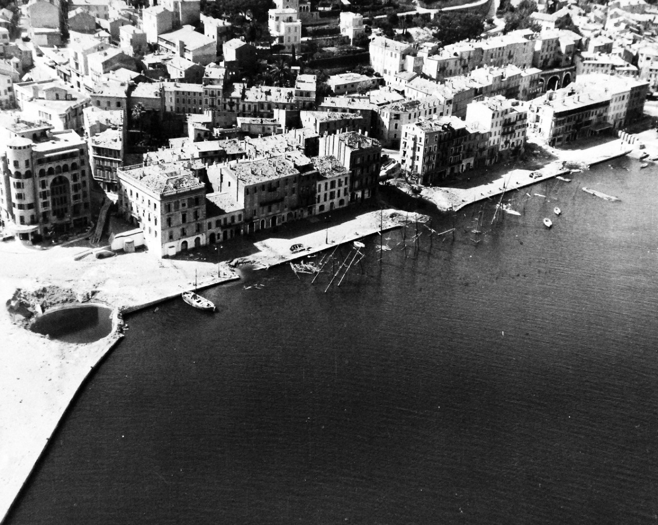 80-G-364085:  Invasion of Southern France, Toulon, August 1944.   Aerial view of Antibes, Toulon, France, showing destruction as a result of bombing.   Taken by crew of USS Catoctin (AGC-5).  Photograph received on 2 April 1946.   Official U.S. Navy Photograph, now in the collections of the National Archives.  (2014/7/10).