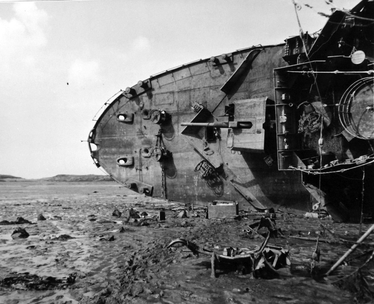 80-G-247113:  Invasion of France, Bele des Anges, August-September 1944.   Remains of a German M-type mine sweeper, battered by Allied destroyer and aircraft at Bele des Anges off Brittany Coast, photograph received September 1944.  Official U.S. Navy Photograph, now in the collections of the National Archives.   (2014/3/12).  