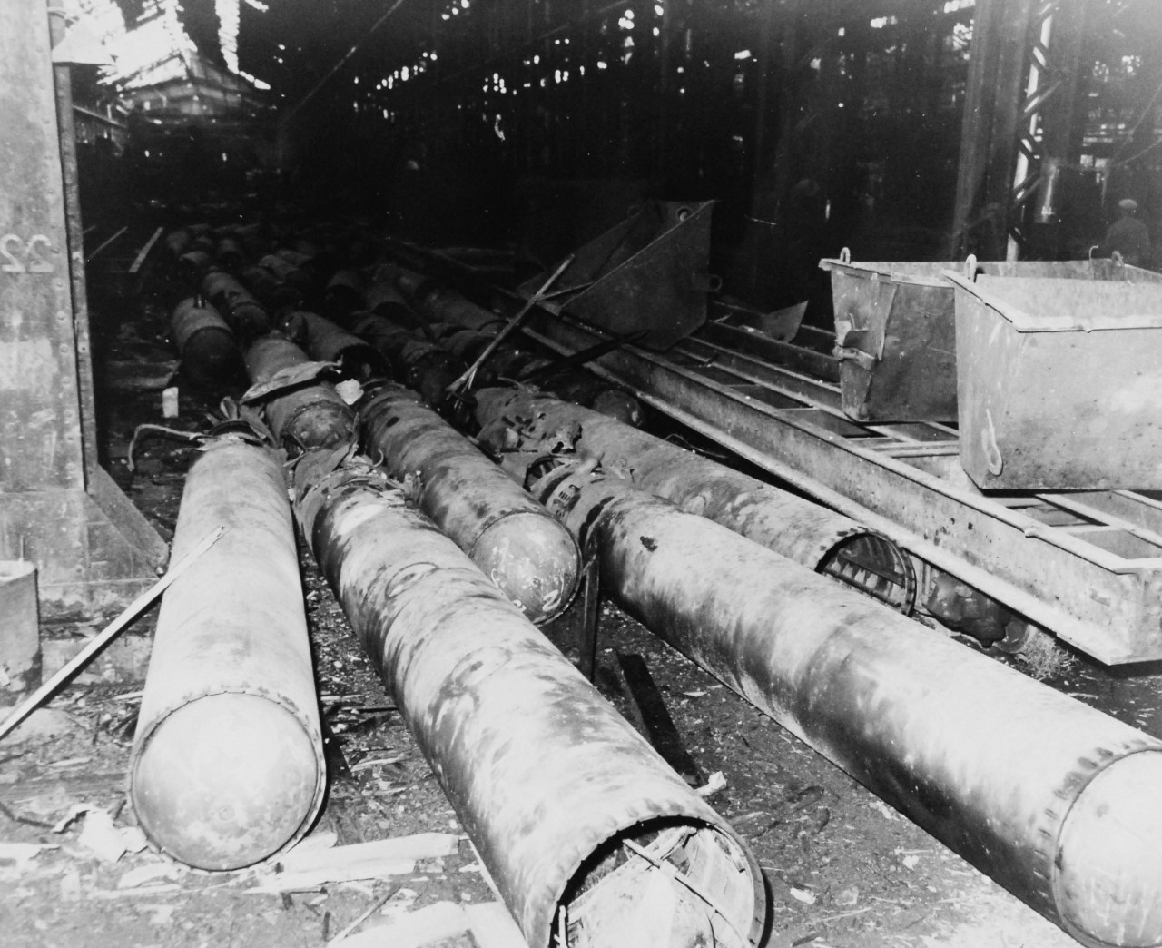 80-G-257440:  Invasion of Southern France, Brest, August-September 1944.   German torpedoes, stored in the arsenal at Brest, France, were part of the booty of war taken by American troops when the German garrison surrendered, 27 September 1944.  Official U.S. Navy Photograph, now in the collections of the National Archives.   (2014/10/28).