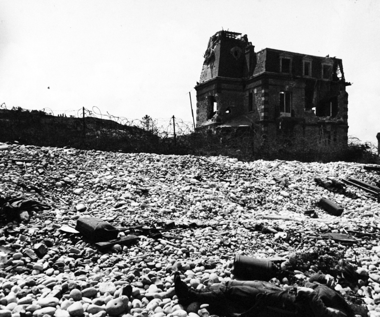 80-G-45719:   Normandy Invasion, June 1944.   French chateau on French invasion coast damaged by naval gunfire on D-Day, 6 June 1944.   Photograph released 12 June 1944.  Official U.S. Navy Photograph, now in the collections of the National Archives.  (2014/9/9).  