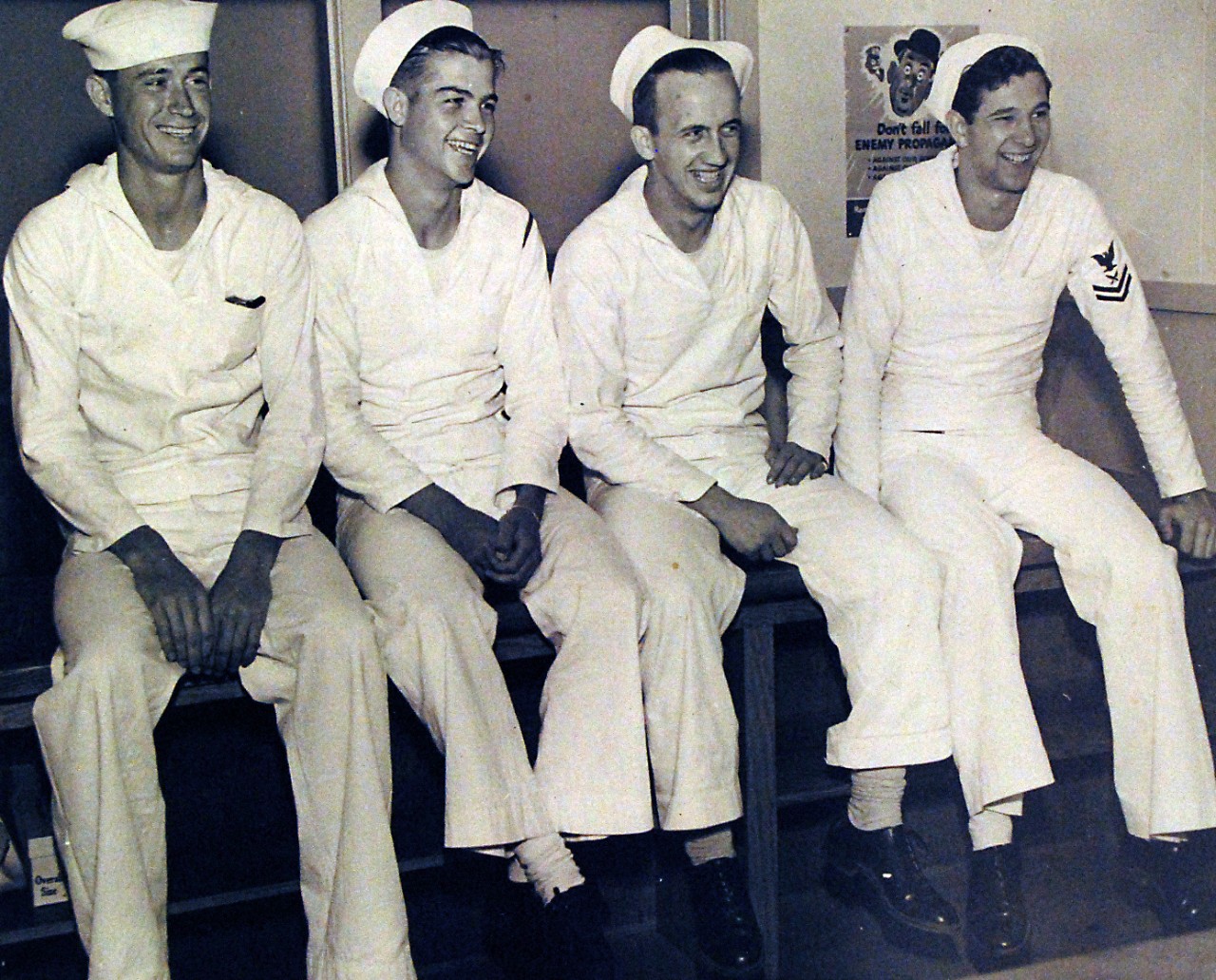 <p>80-G-41737: Operation Torch, November 1942. Four sailors, now shipmates on a destroyer witnessed the opening of the U.S. Campaign in North Africa, November 8, 1942, from four different points of view. Left to right are: Y3/C James C. Johnston; F1/C John W. McKenna; F2/C Robert P. Wolcott and Y2/C Edwin L. Young. Johnston was on a cargo ship; McKenna was on an aircraft carrier; Wolcott was on a landing party, and Young on a cruiser. Photographed June 3, 1943.&nbsp;</p>
