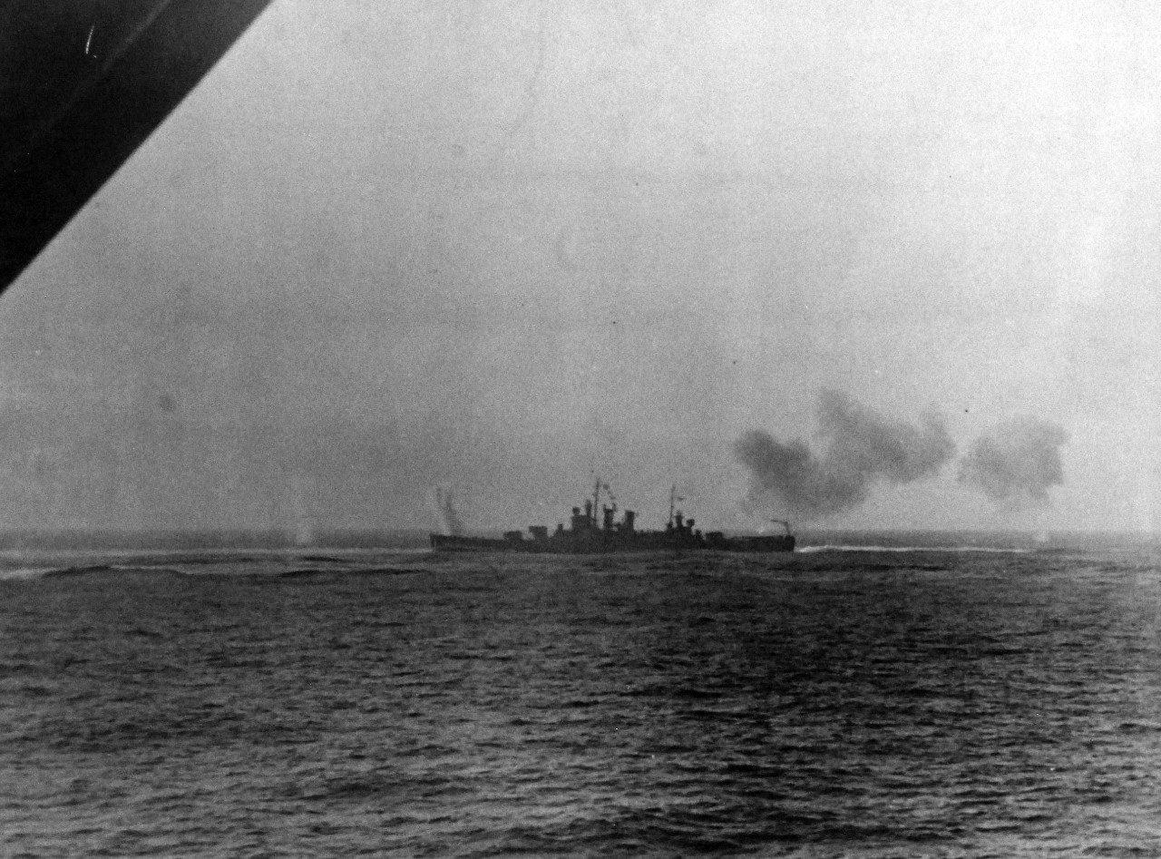 <p>80-G-38835: Naval Battle of Casablanca, 8-16 November 1942. USS Wichita (CA 45) straddled by three shells from Jean Bart during the battle.&nbsp;</p>

