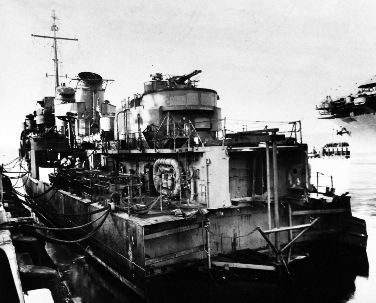 80-G-44451:   Aleutian Island Campaign, June 1942-August 1943.    Mine in Alaskan waters blew stern off USS Abner Read  (DD 526). She was brought to Puget Sound Navy Yard, Bremerton, Washington, for repairs.   Temporary repairs were made in the North, so she could be towed to the Navy Yard. Photograph released 11 January 1944.  Official U.S. Navy Photograph, now in the collections of the National Archives.  (2014/6/5). 