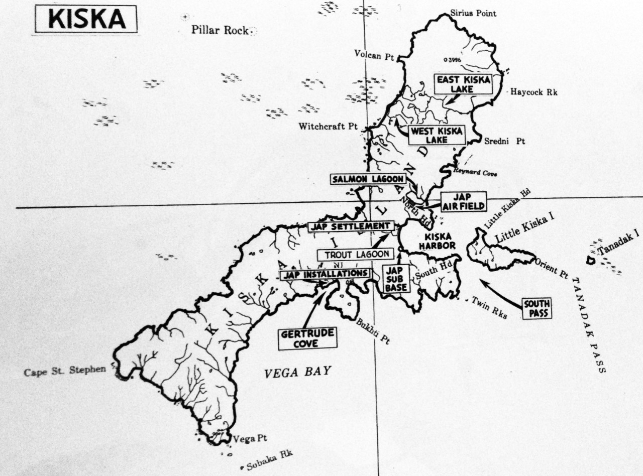 LC-Lot-803-13:  Aleutian Islands Campaign, June 1942 - August 1943.   Allied Invasion of Kiska, August 15-24, August 1943.   Map of Kiska, undated.  U.S. Navy photograph.  Photographed through Mylar sleeve.   Courtesy of the Library of Congress.   (2015/11/06).