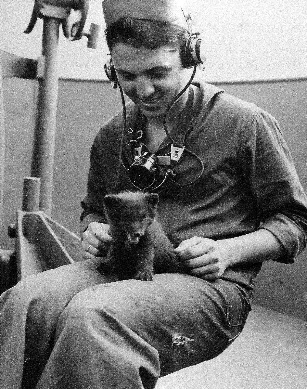 80-G-54578:  Aleutian Islands Campaign, June 1942-Augst 1943.       U.S. Navy Sailor R.E. Kailey with cub fox caught on Attu.   Photograph, August 27, 1943.   Official U.S. Navy photograph, now in the collections of the National Archives.   (2016/07/19).