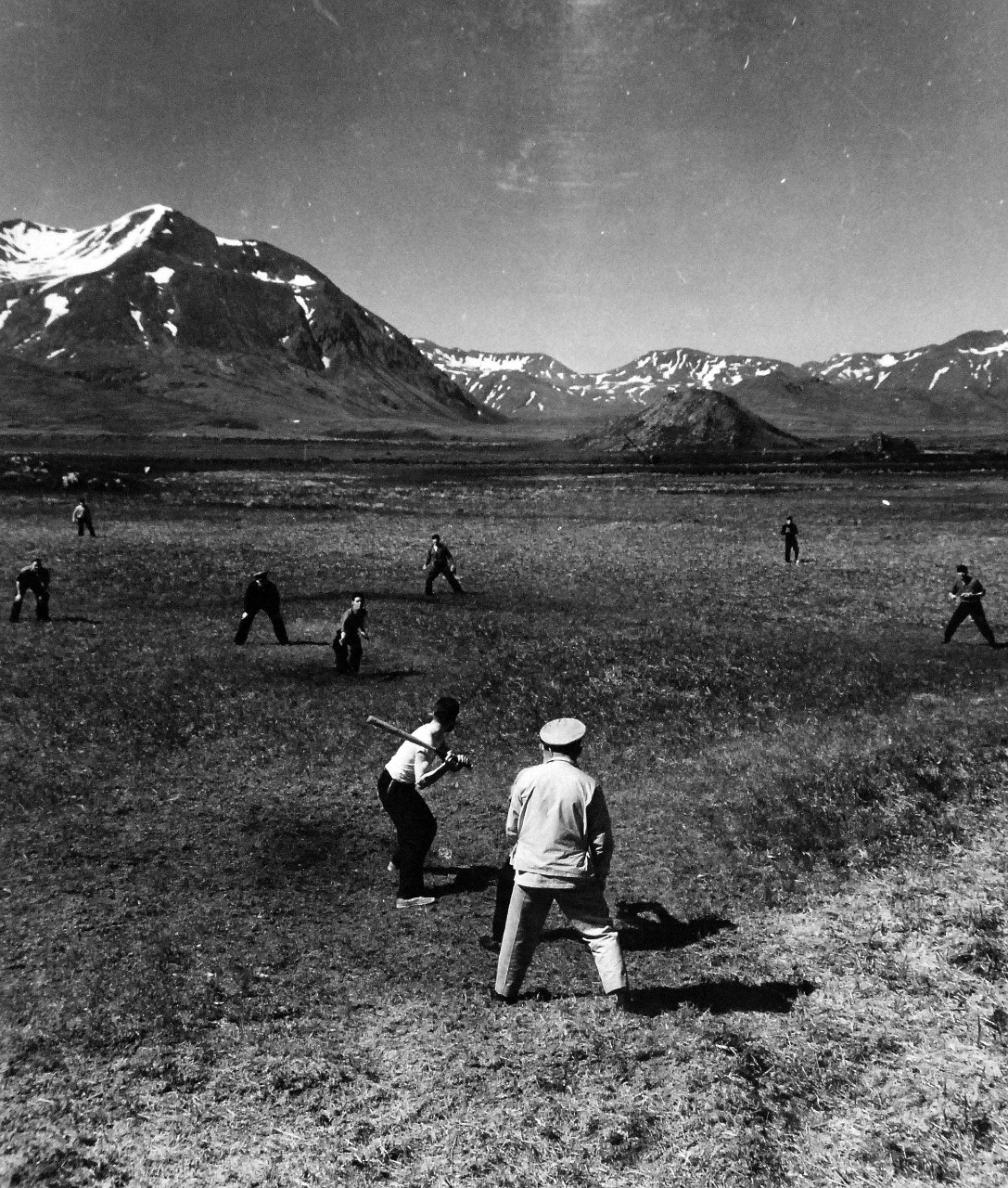 80-G-54579:  Aleutian Islands Campaign, June 1942-Augst 1943.    Baseball on Attu Island.     Photograph, August 27, 1943.   Official U.S. Navy photograph, now in the collections of the National Archives.   (2016/07/19).