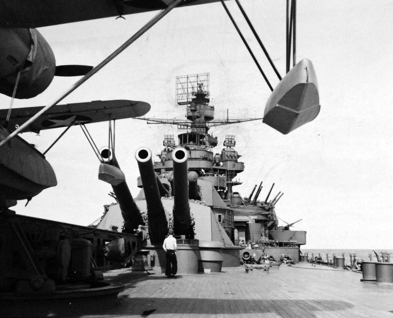 80-G-57050:  Aleutian Island Campaign, June 1942-August 1943.   Battle of Attu, May 11-29, 1943.      USS Pennsylvania (BB 38) 14” guns during bombardment of Attu Island, Alaska, May 11, 1943.    U.S. Navy Photograph, now in the collections of the National Archives.  (2017/05/02).