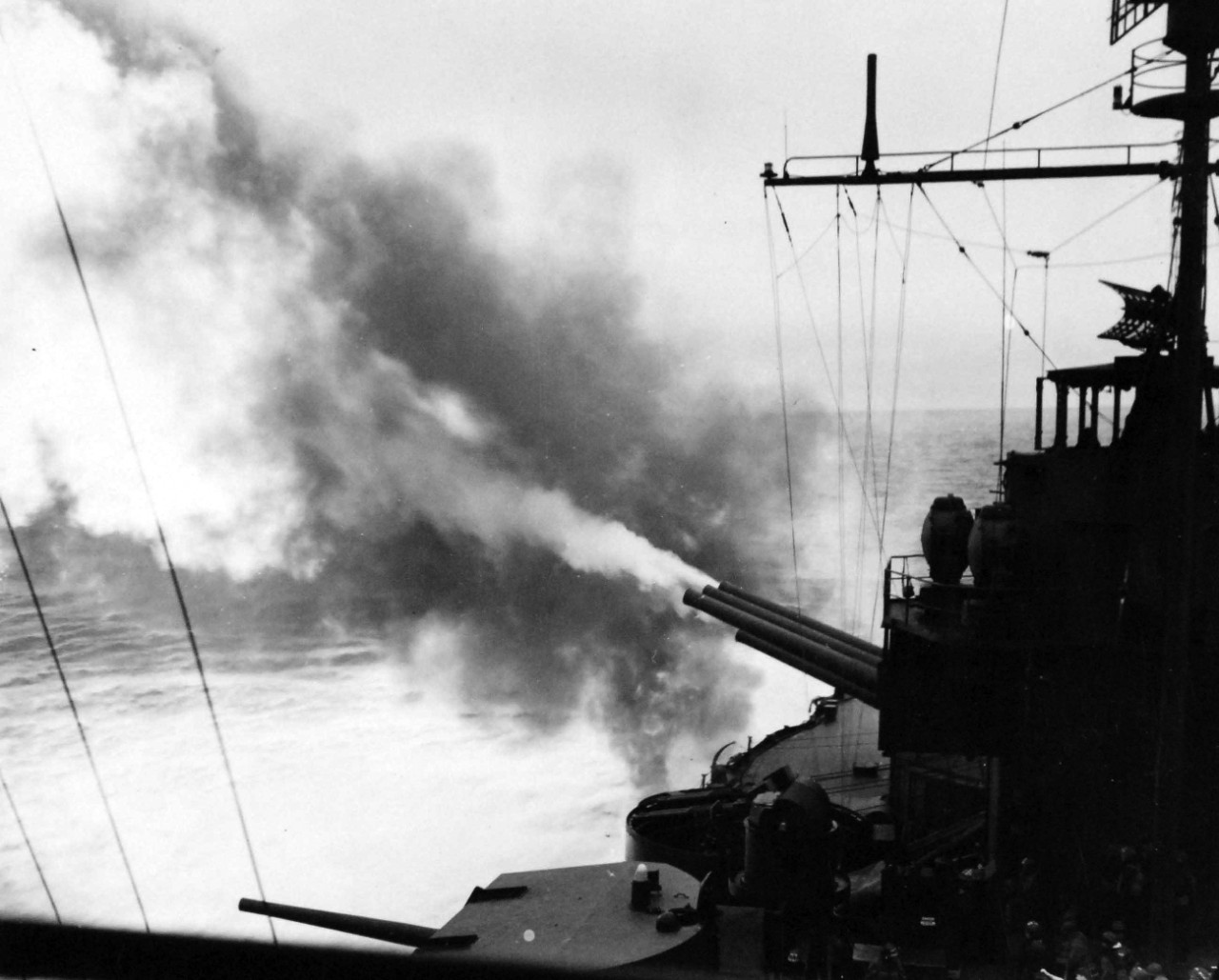 80-G-57051:  Aleutian Island Campaign, June 1942-August 1943. Battle of Attu, May 11-29, 1943.      USS Pennsylvania (BB 38), main batteries of the 14” guns during bombardment of Attu Island, Alaska, May 11, 1943. This bombardment lasted nearly three hours.   U.S. Navy Photograph, now in the collections of the National Archives.  (2017/05/02).