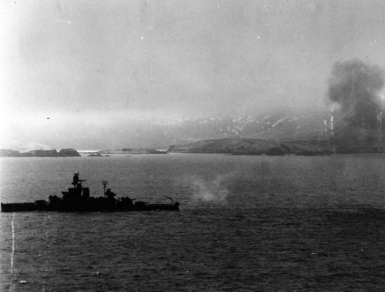 80-G-75469:  Aleutian Islands Campaign, June 1942-August 1943.   Battle for Attu, May 1943. USS Pennsylvania (BB-38) shelling Holtz