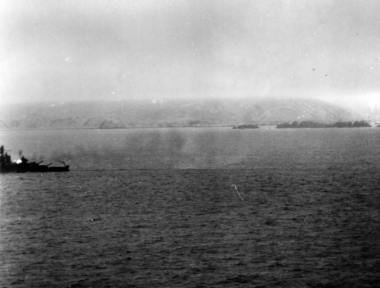 80-G-75471:   Aleutian Islands Campaign, June 1942 - August 1943.  Battle for Attu, May 1943.        USS Pennsylvania (BB-38) shelling 