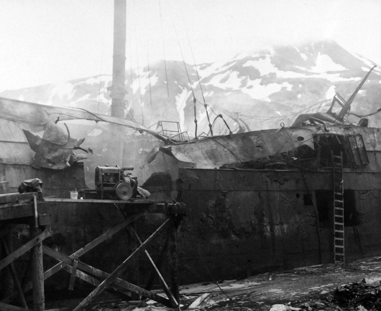 80-G-583:  Attack on Dutch Harbor,  Alaska,  June 1942.   The direct hit made by a Japanese bomb on SS Northwestern is shown,  Photograph taken on June 6.   Official U.S. Navy Photograph, now in the collections of the National Archives.    (2014/5/29).