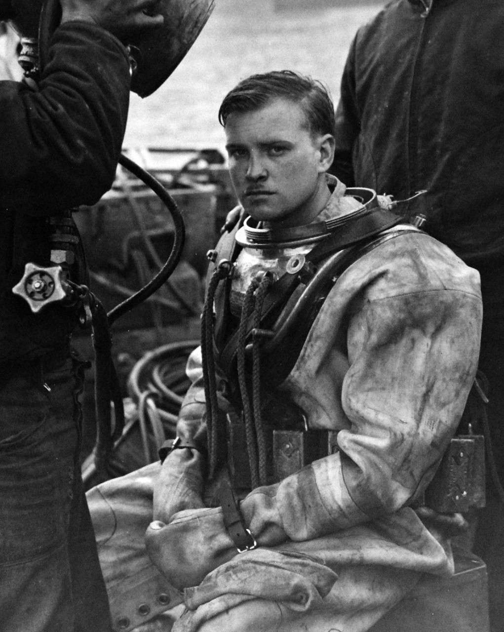 80-G-279824:  Montague Island, Gulf of Alaska, Alaska, 1945.   Salvage diver onboard.  Photographed by PhoM3/R.L. Willey, May 30, 1945.  U.S. Navy Photograph now in the collections of the National Archives.  (2016/01/19).