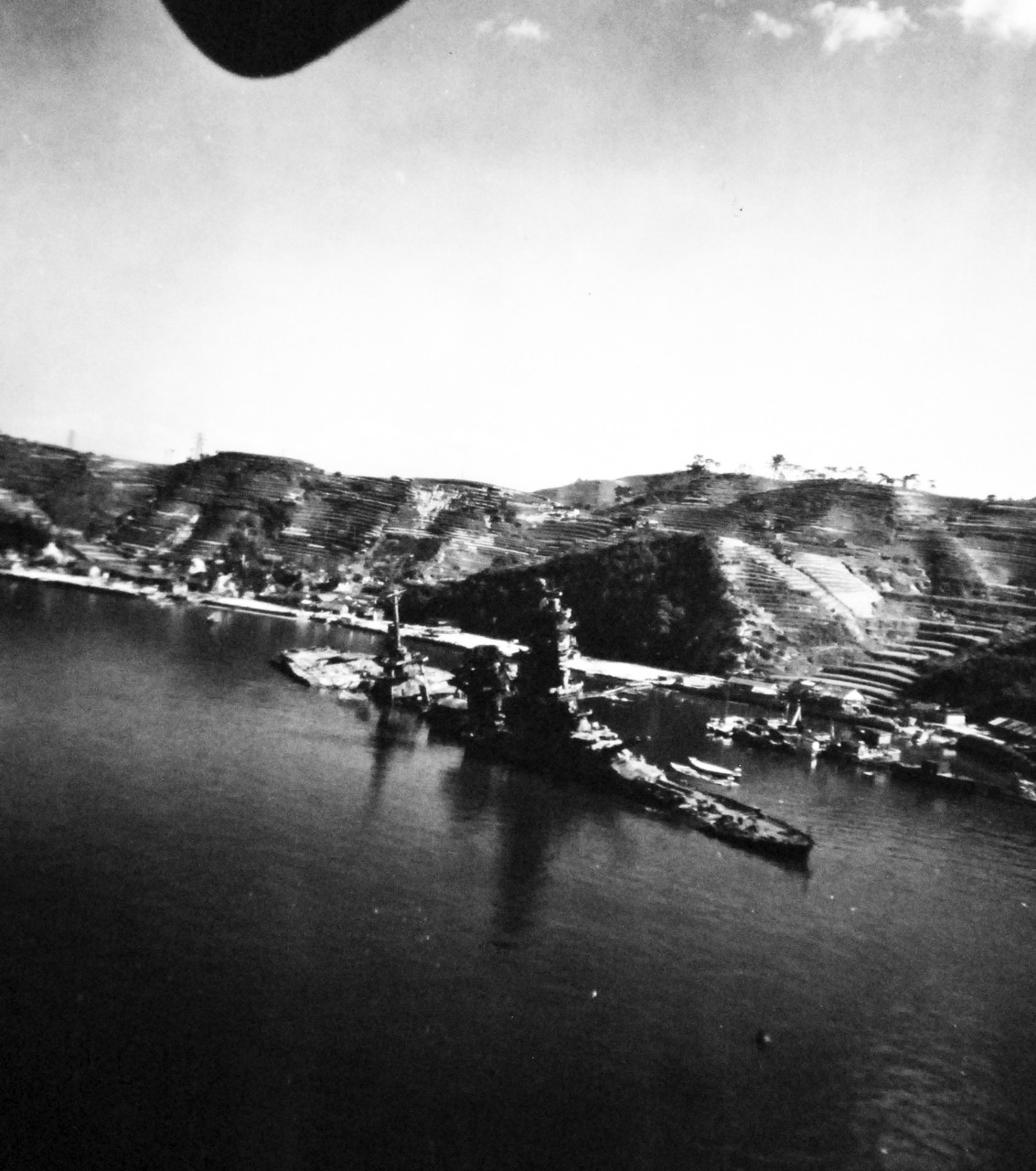 80-G-349909:   Japanese battleship Ise, 1945.     Damaged Japanese ships in Kure Harbor, Japan.  Photographed by aircraft from USS St. George (AV-16),  October 14, 1945.  Official U.S. Navy Photograph, now in the collections of the National Archives (2014/06/19).    