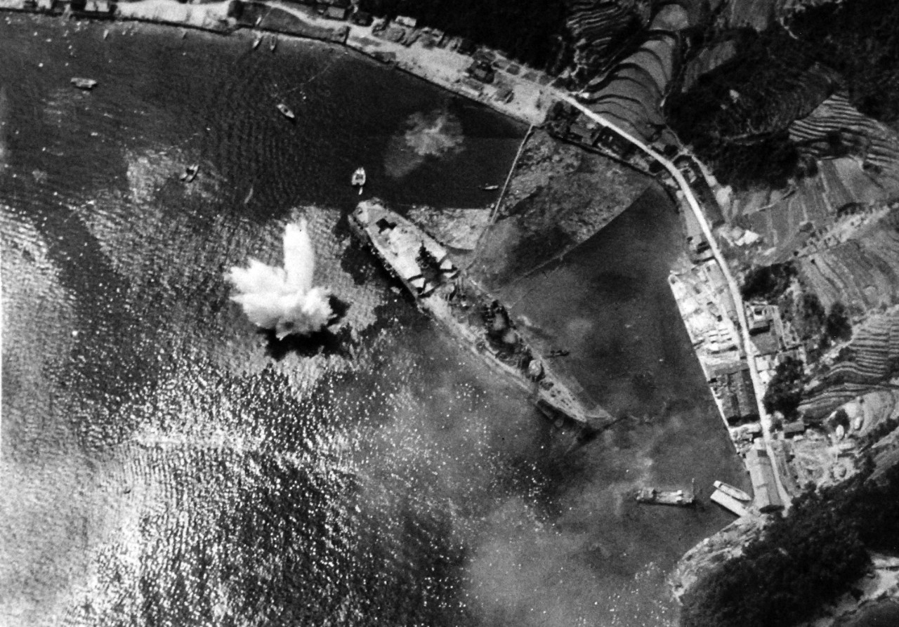 80-G-490153:   Raids on Japanese Home Islands, July  24, 1945.    Japanese battleship Ise under air attack at Kure, 24 July 1945.  U.S. Navy Photograph, now in the collections of the National Archives. (2015/12/08). 