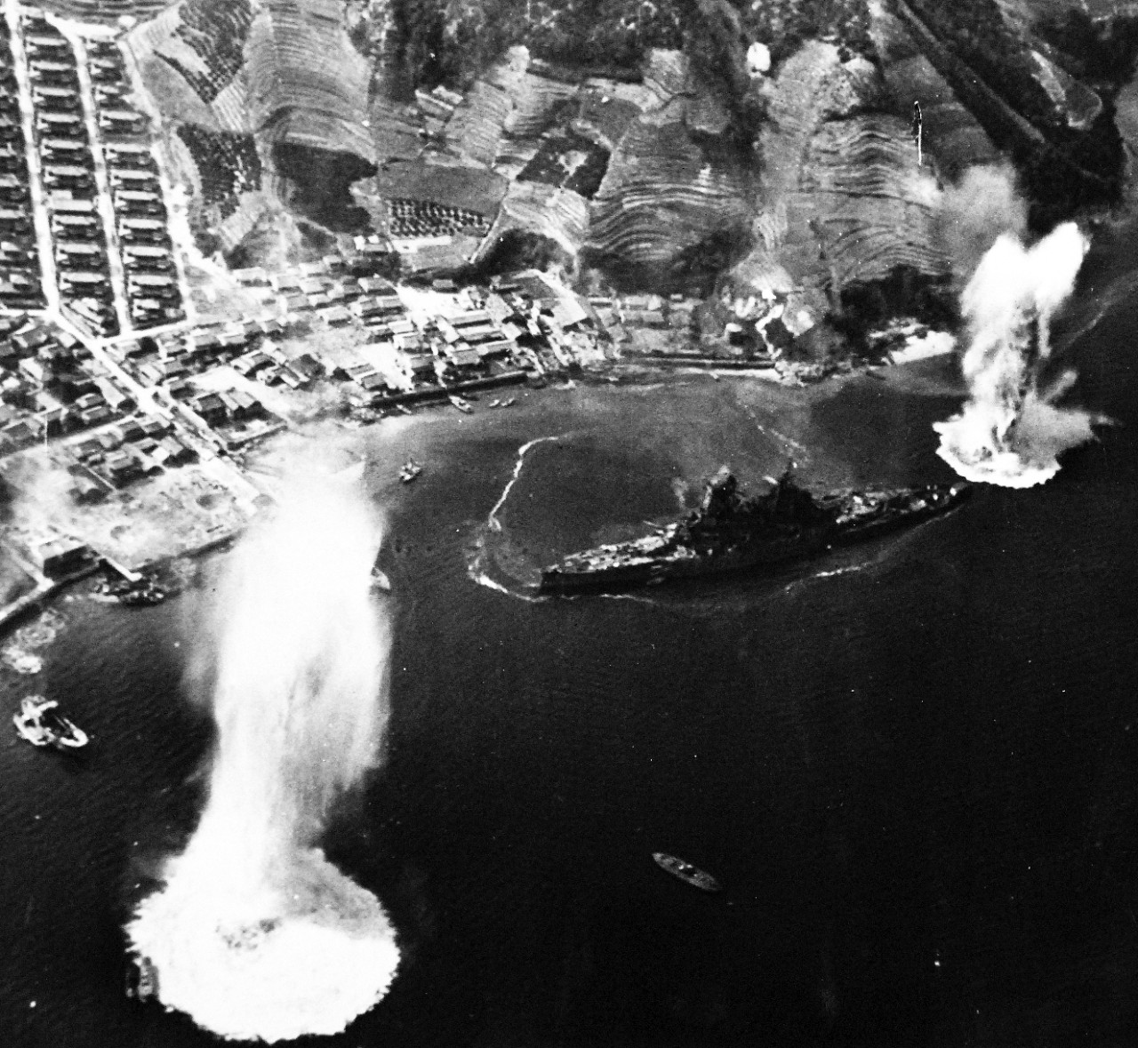 80-G-490226:  Raids on Japanese Home Islands, July 28, 1945.  Japanese battleship Haruna under attack by American and British carrier planes in Kure Bay, Japan, July 28, 1945.  U.S. Navy Photograph, now in the collections of the National Archives. (2015/12/08).