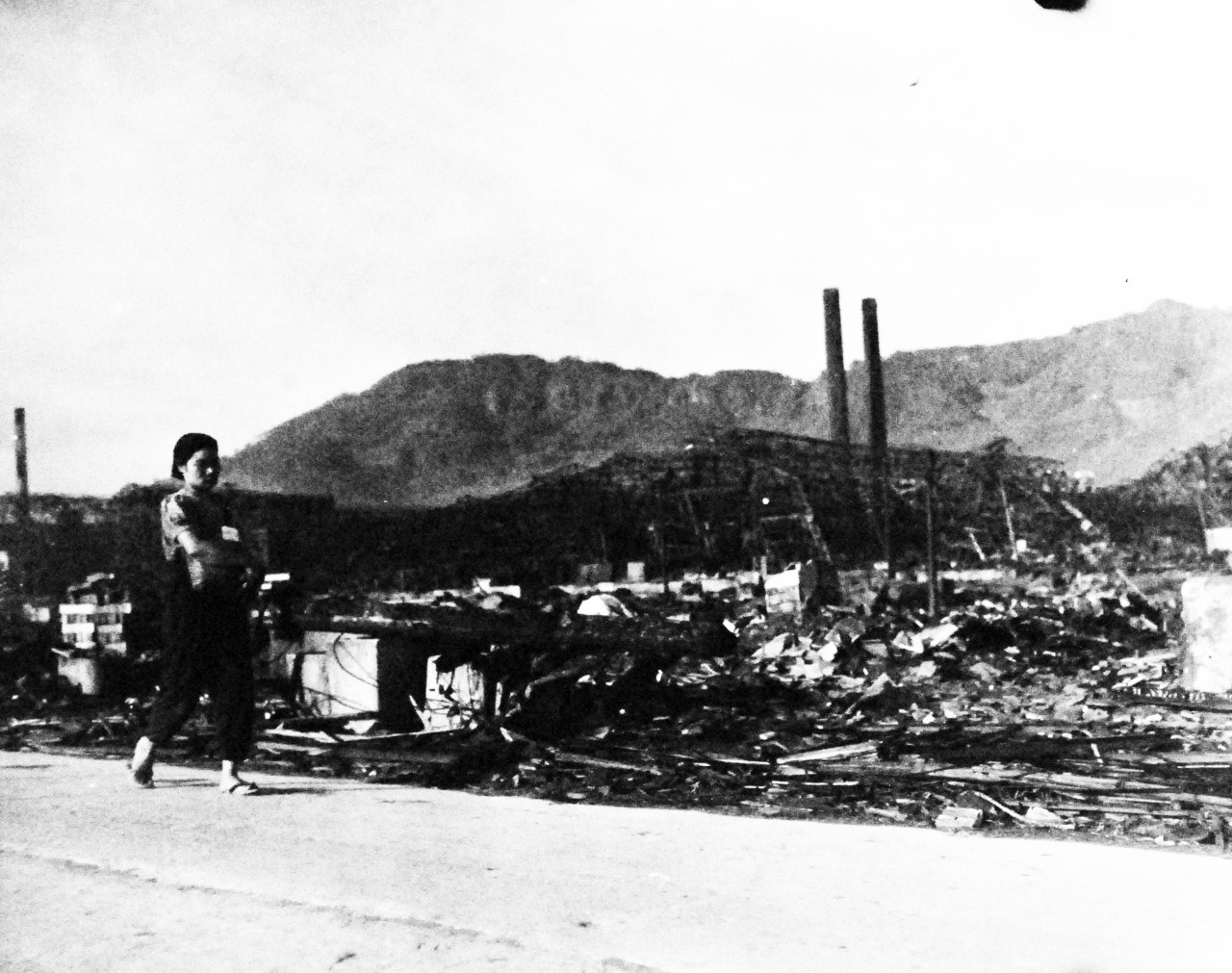 127-GW-1643-136174:     Nagasaki, Japan, 1945.     Mitsubishi Steel and Arms Works as hit by the Atomic Bomb.      Photographed by Goldberg at Nagasaki, Japan, September 24, 1945.        Official U.S. Marine Corps Photograph, now in the collections of the National Archives.  (2016/10/25).