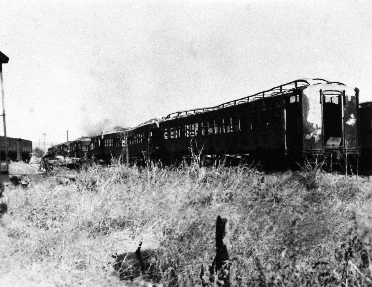 127-GW-1643-146886:   Nagasaki, Japan, 1945.    Bombed and burned railroad cars at Minami Kumamoto railroad station.  Photographed by Rogers at Nagasaki, Japan, October 28, 1945.        Official U.S. Marine Corps Photograph, now in the collections of the National Archives.  (2016/10/25).