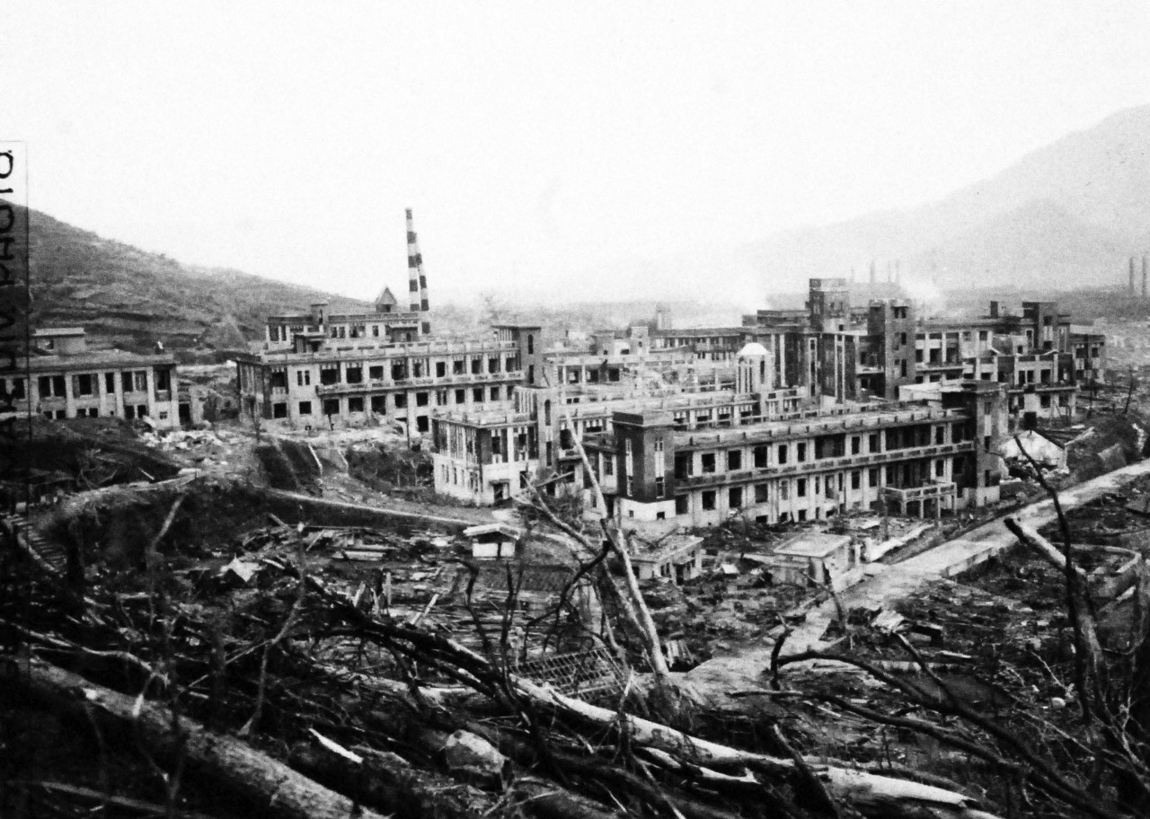 127-GW-1643-147628:     Nagasaki, Japan, 1945.     View of bombed alcohol factory at Kajiki.  Photographed November 4, 1945.        Official U.S. Marine Corps Photograph, now in the collections of the National Archives.  (2016/10/25).