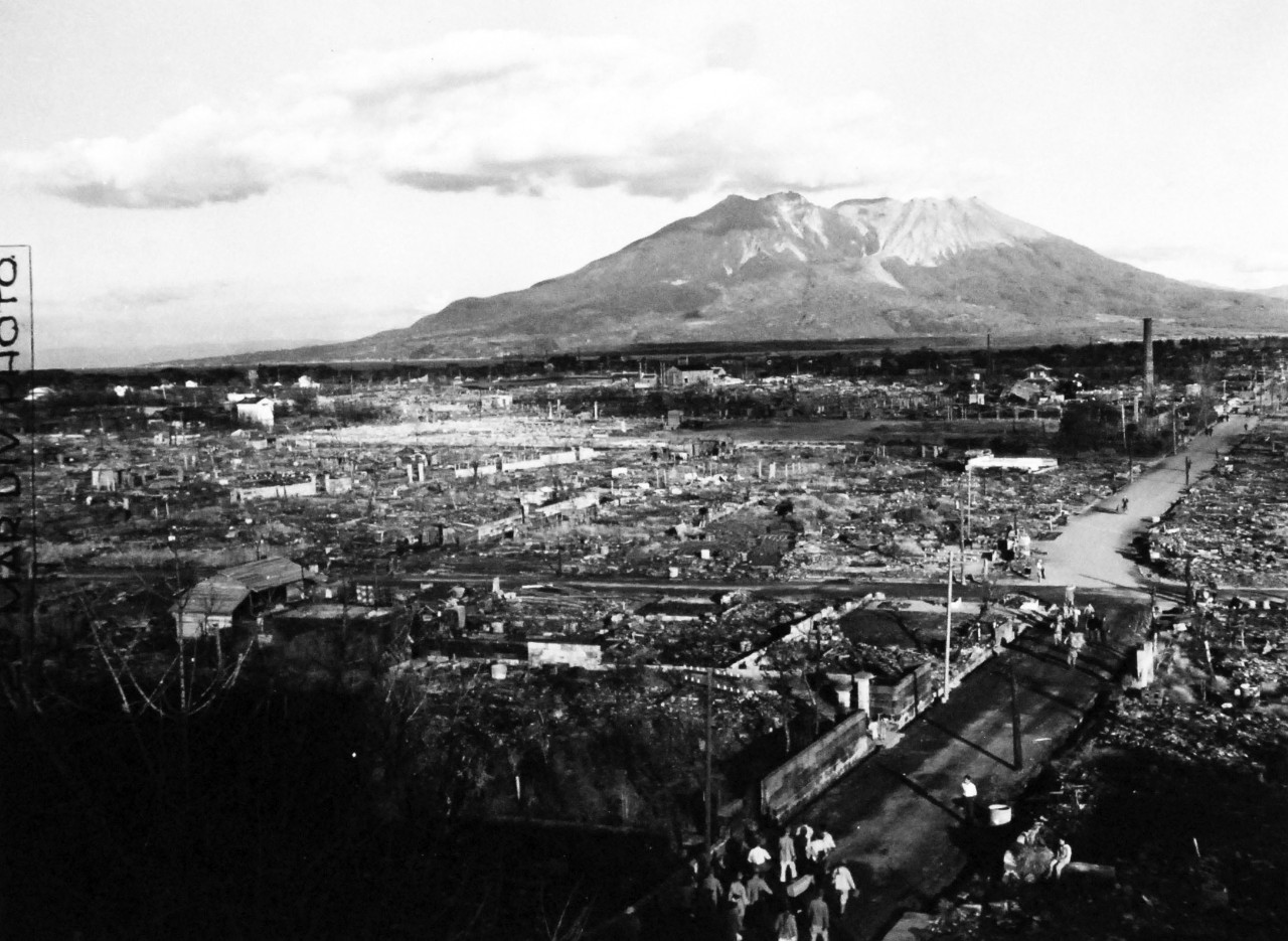 127-GW-1643-147640:   Nagasaki, Japan, 1945.   Bombed Kagoshima.   Photographed at Nagasaki, Japan, November 1, 1945.        Official U.S. Marine Corps Photograph, now in the collections of the National Archives.  (2016/10/25).