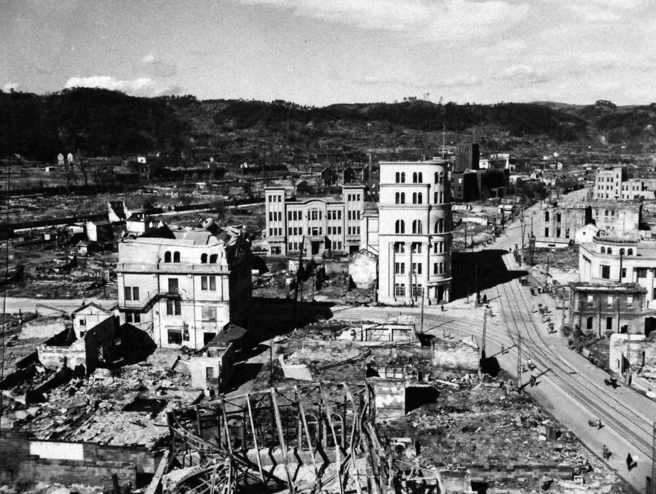 127-GW-1643-147643:   Nagasaki, Japan, 1945.   Bombed Kagoshima.   Photographed by Rogers at Nagasaki, Japan, November 1, 1945.        Official U.S. Marine Corps Photograph, now in the collections of the National Archives.  (2016/10/25).