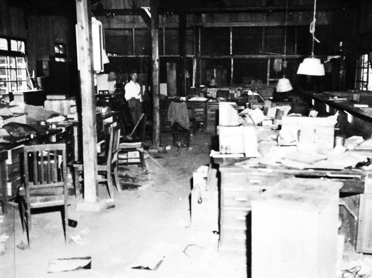 127-GW-1643-149534:     Nagasaki, Japan, 1945.   Damaged office at Otao.        Photographed at Nagasaki by Private Smeltzer, October 6, 1945.        Official U.S. Marine Corps Photograph, now in the collections of the National Archives.  (2016/10/25).