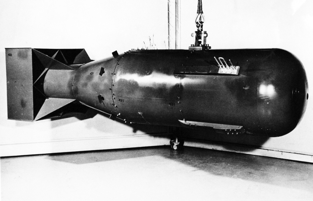 330-PSA-399-60 (164707AC):  Atomic Bomb, Little Boy.   Nuclear Weapon “Little Boy” type, the kind that detonated over Hiroshima, Japan, August 6, 1945.  The bomb is 28 inches in diameter and 120 inches long.  The first nuclear weapon ever detonated in war, it weighed about 9,000 pounds and had a yield equivalent to approximately 20,000 tons of high explosives.  Photograph courtesy of Los Alamos Scientific Laboratory.   Photograph released December 1960.  Official Department of Defense photograph, now in the collections of the National Archives.   (2015/9/15).
