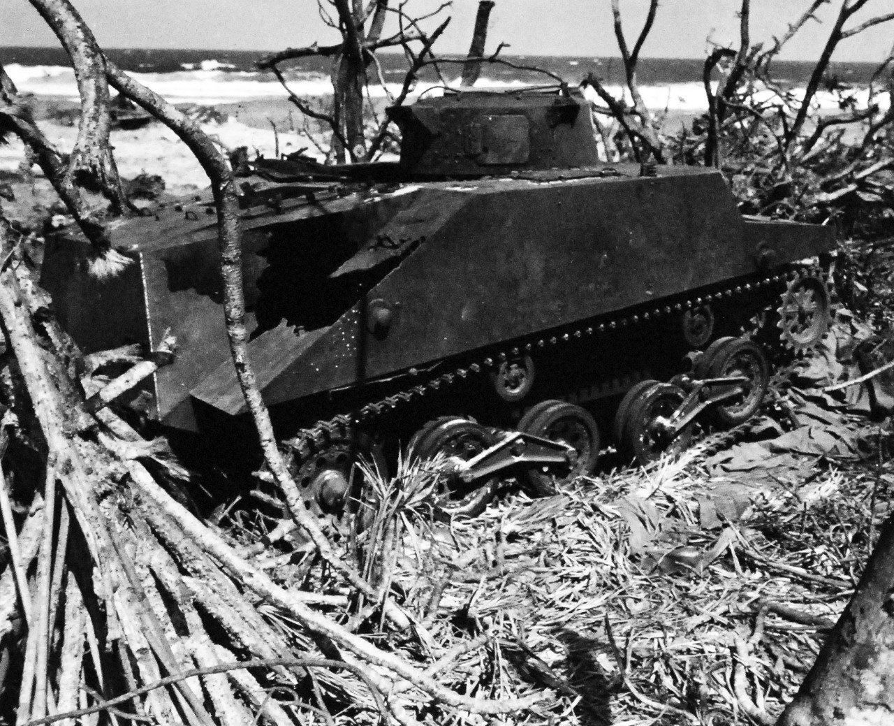 80-G-297113:  Operation Flintlock, January-February 1944.     Shown:  Tank.   Photograph released January 16, 1945.  Official U.S. Navy Photograph now in the collections of the National Archives.  (2016/01/19).