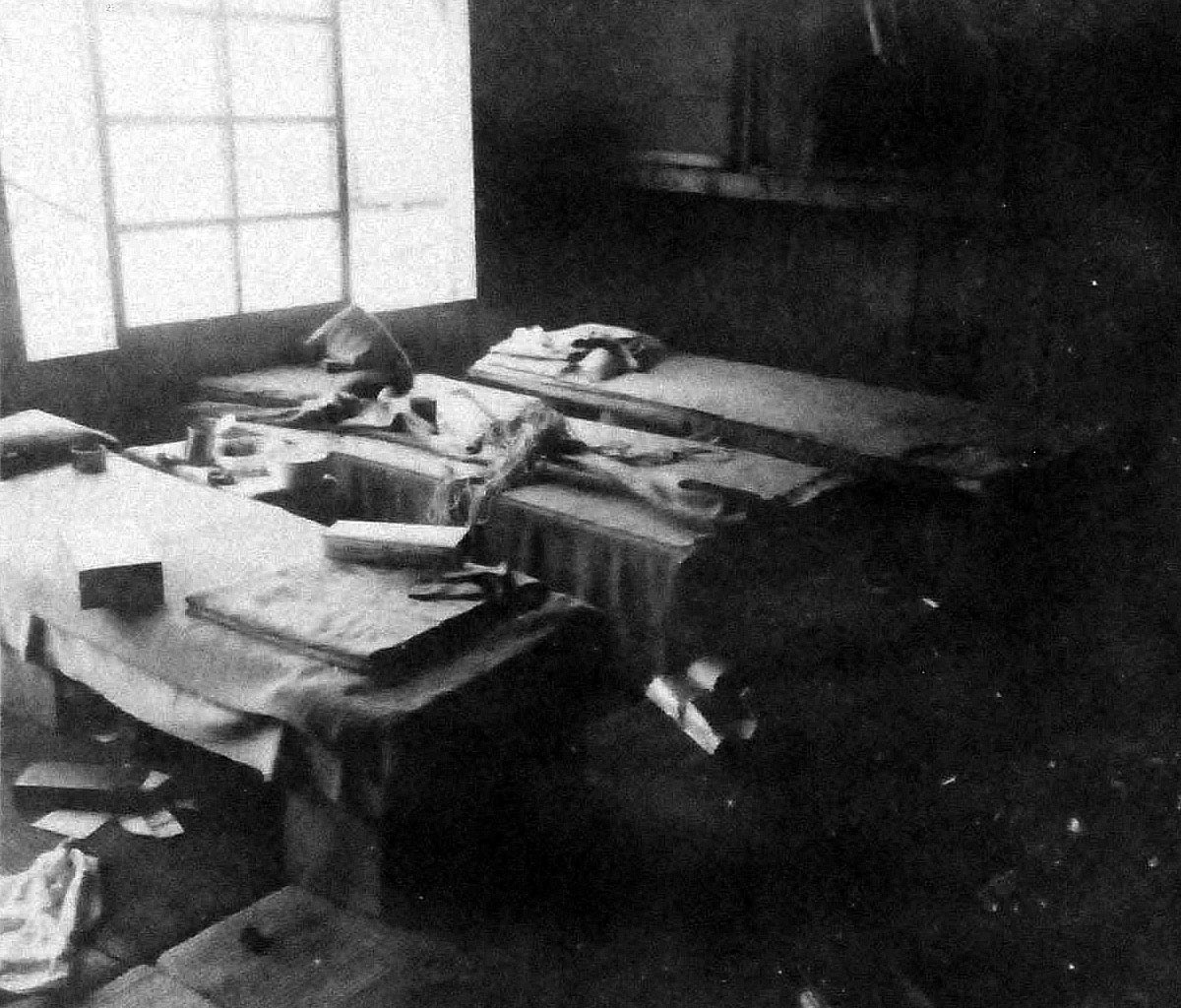 80-G-339280:  Prisoner of War Camp, Omori Prison Camp, Toyko, Japan, 1945.    Shown here are make-shift beds used by the American prisoners. Omori is one of Tokyo, Japan, biggest wards.  Official U.S. Navy photograph, now in the collection of the National Archives. (2013/08/14).    Note, the original photograph is about 1” x 1” in size.   
