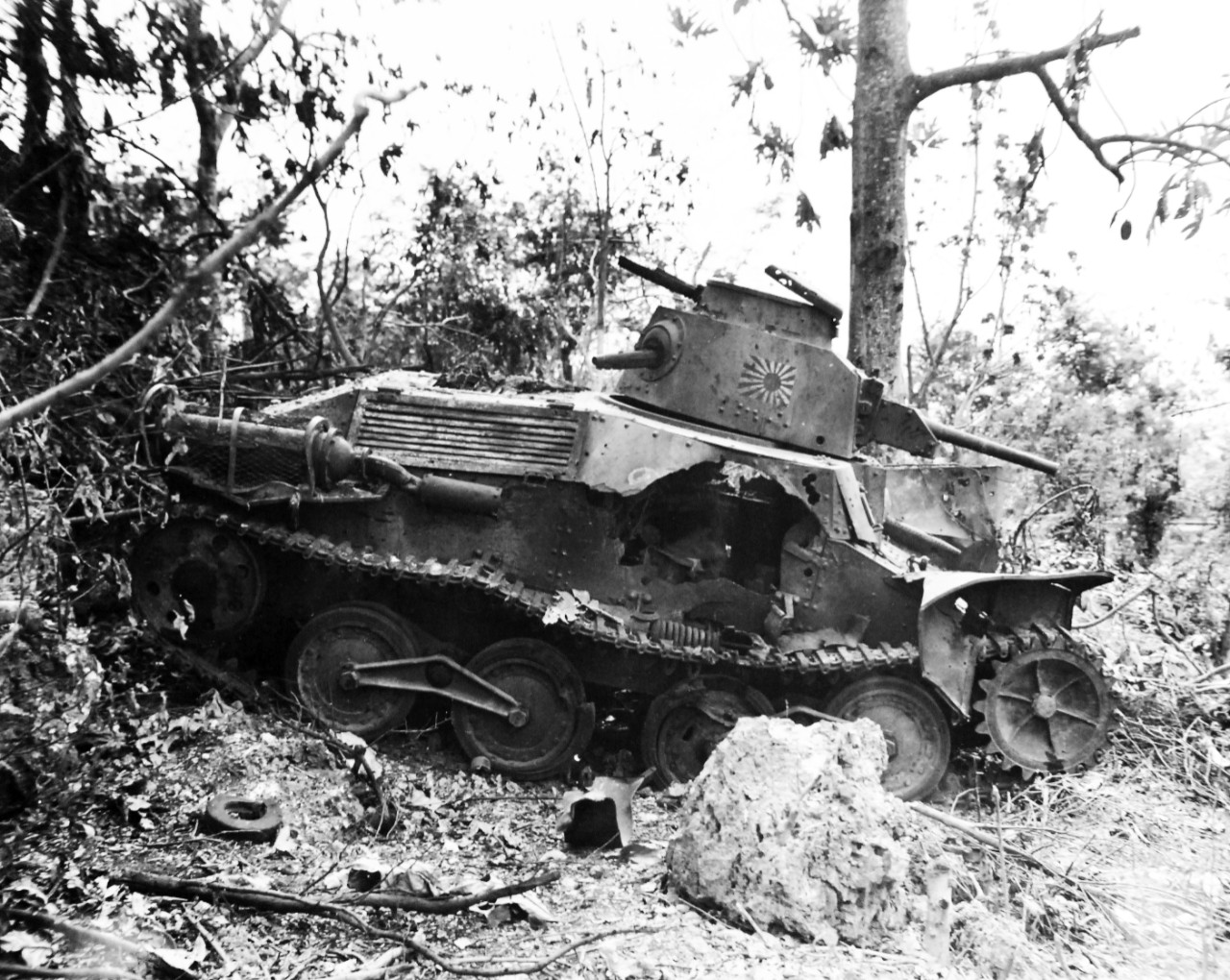 80-G-307837:  Invasion of Saipan, June-July 1944.  Japanese tank at Black Beach 3.  Photograph received March 20, 1945.      Official U.S. Navy Photograph, now in the collections of the U.S. Navy.  (2017/04/11).  