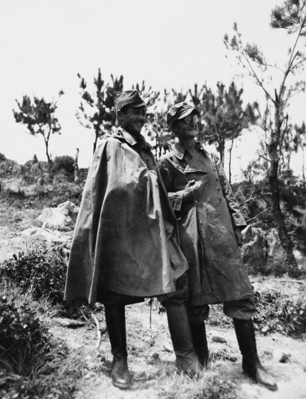 127-GW-535-119542:   Okinawa Campaign, April-June 1945.    Shown (left to right):  Sergeant F.E. Lewellyn and Private First Class A.F. Van Sickle, wearing Japanese uniforms found on Okinawa.   Photographed by Private First Class Chamberlain, April 1945.  Official U.S. Navy Photograph, now in the collections of the National Archives.   (2014/6/25). 