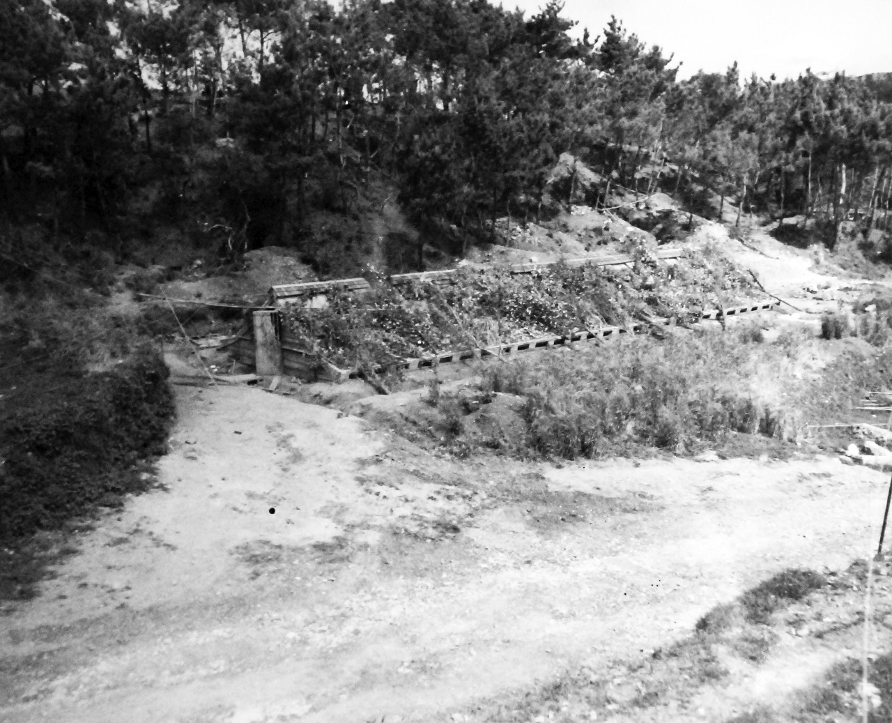 80-G-331537:  Okinawa Campaign, April-June 1945.  Camouflaged Japanese barracks for enlisted personnel, Okinawa, Ryukyu Islands, April 3, 1945.   Official U.S. Navy Photograph, now in the collection of the National Archives.  (2013/08/21).  