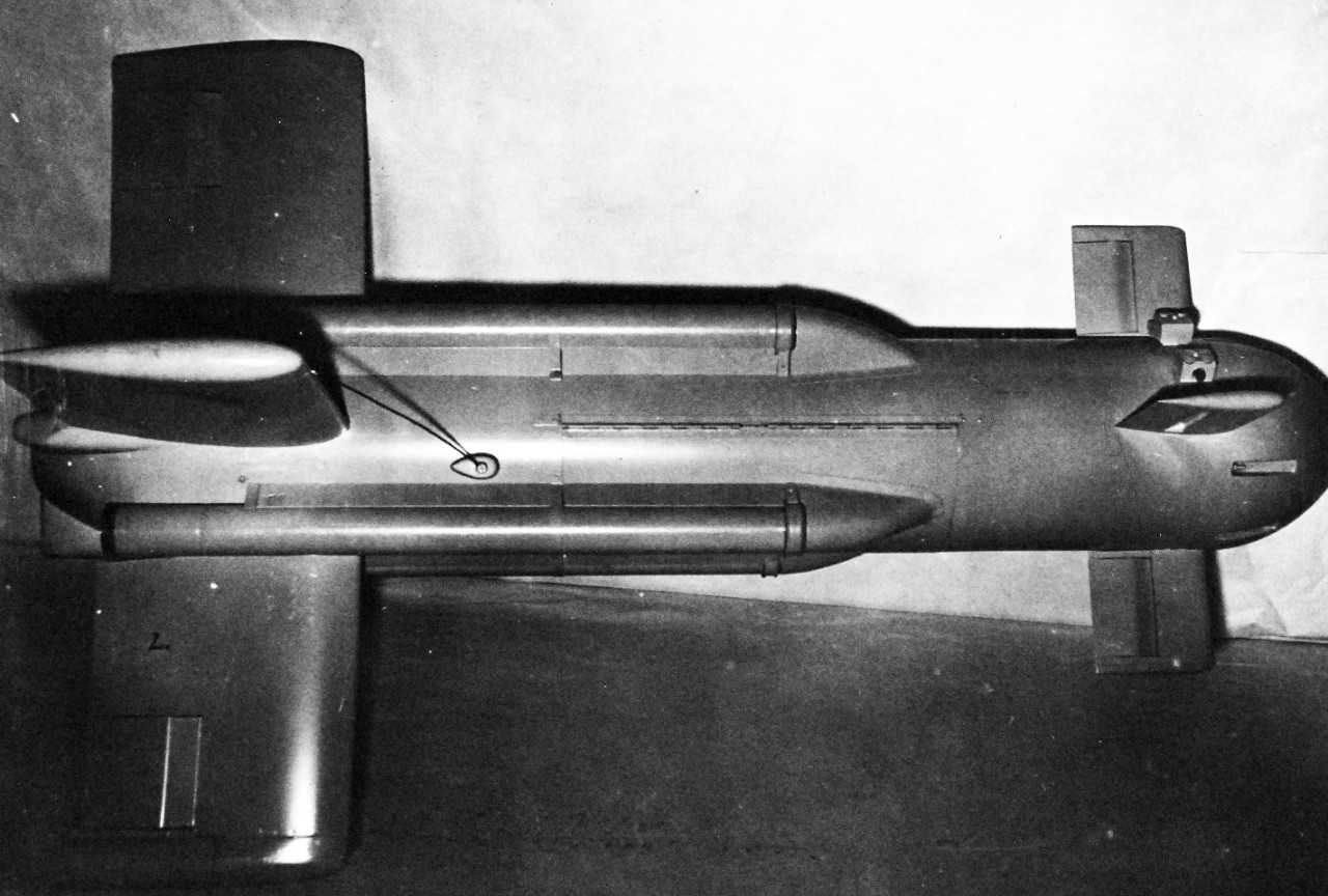 80-G-701579:   Okinawa Campaign, Little Joe bomb, 1945.    Known as “Little Joe,” this radio-controlled power bomb was shipboard launched.  The bomb was also known with the designation KAN.   It carried 100 lb and was a general purpose bomb straight up to 10,000 feet at 400 mph to intercept and destroy Baka Bombers.   It was powered by jet assisted take off and rockets, a short range surface to air missile.    Photograph released November 30, 1945.  Official U.S. Navy Photograph, now in the collection of the National Archives.    (2015/7/8). 