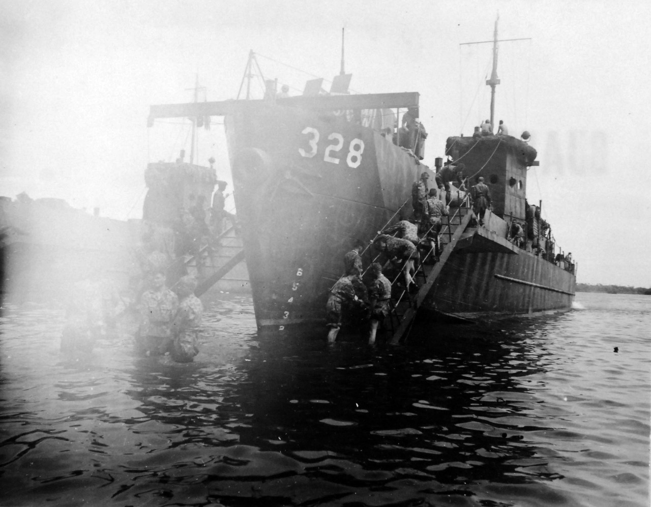 80-G-52609:  Rendova Island Invasion, June 30, 1943.   Troops during the invasion aboard Landing Craft Infantry (Large), LCI (L) 328. Official U.S. Navy Photograph, now in the collections of the National Archives.  (2018/04/04).   
