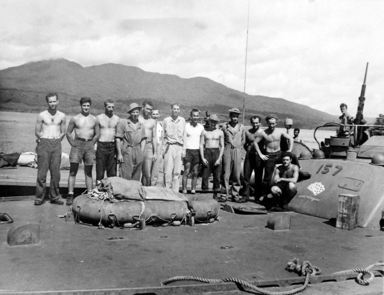 80-G-52794: Rendova Island Invasion, June 30, 1943.  Lieutenant Commander Robert B Kelly, USN, of “They Were Expendable” fame and crew on USS PT 157 during the invasion.     Official U.S. Navy Photograph, now in the collections of the National Archives.  (2018/04/04).  