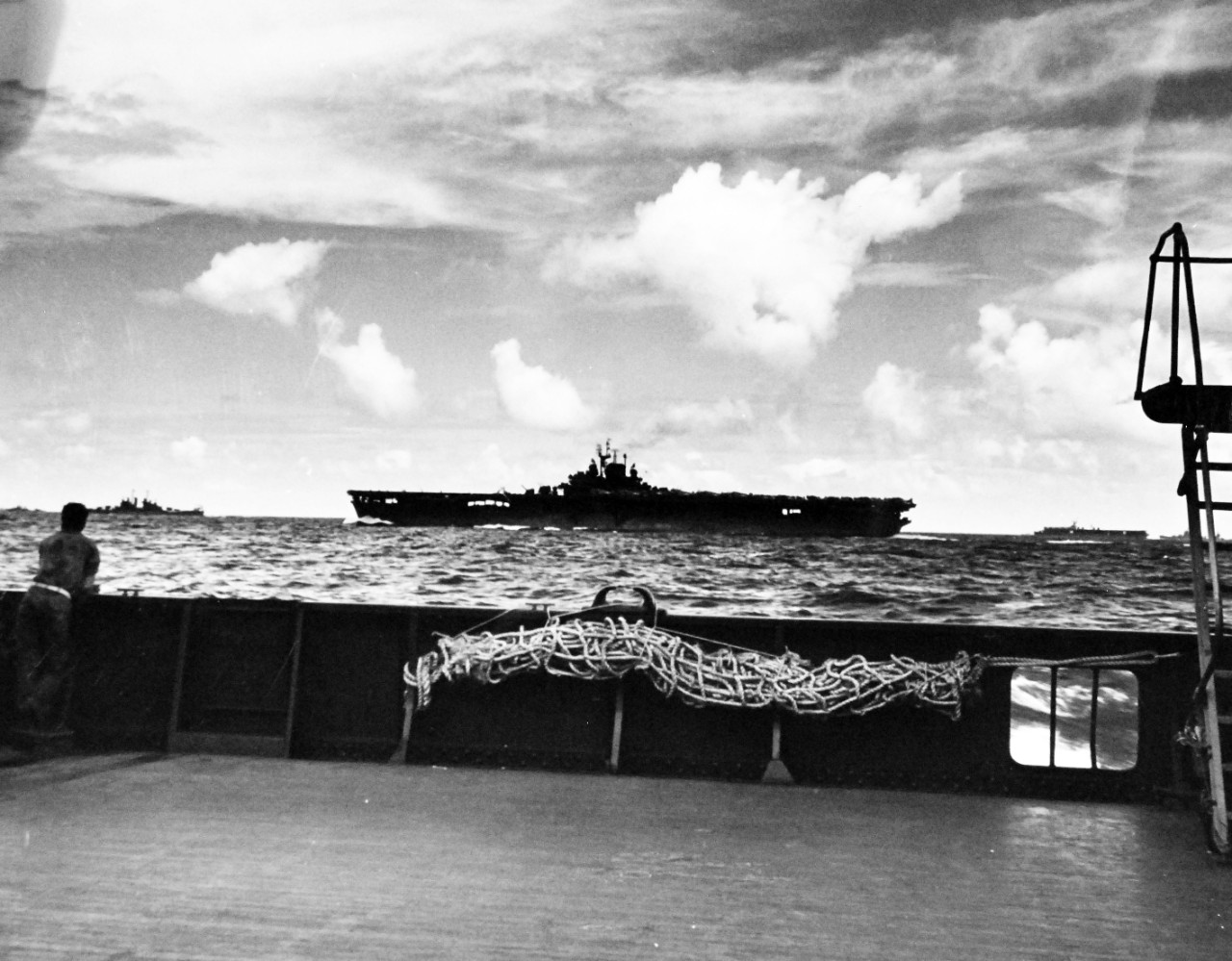 80-G-55346:  Wake Island Raid, October 5-6, 1943.     USS Lexington (CV 16), part of the Task Force that raided Wake Island, October 5, 1943.   Photographed by CPU-7.  U.S. Navy photograph, now in the collections of the National Archives.    (2015/04/28).