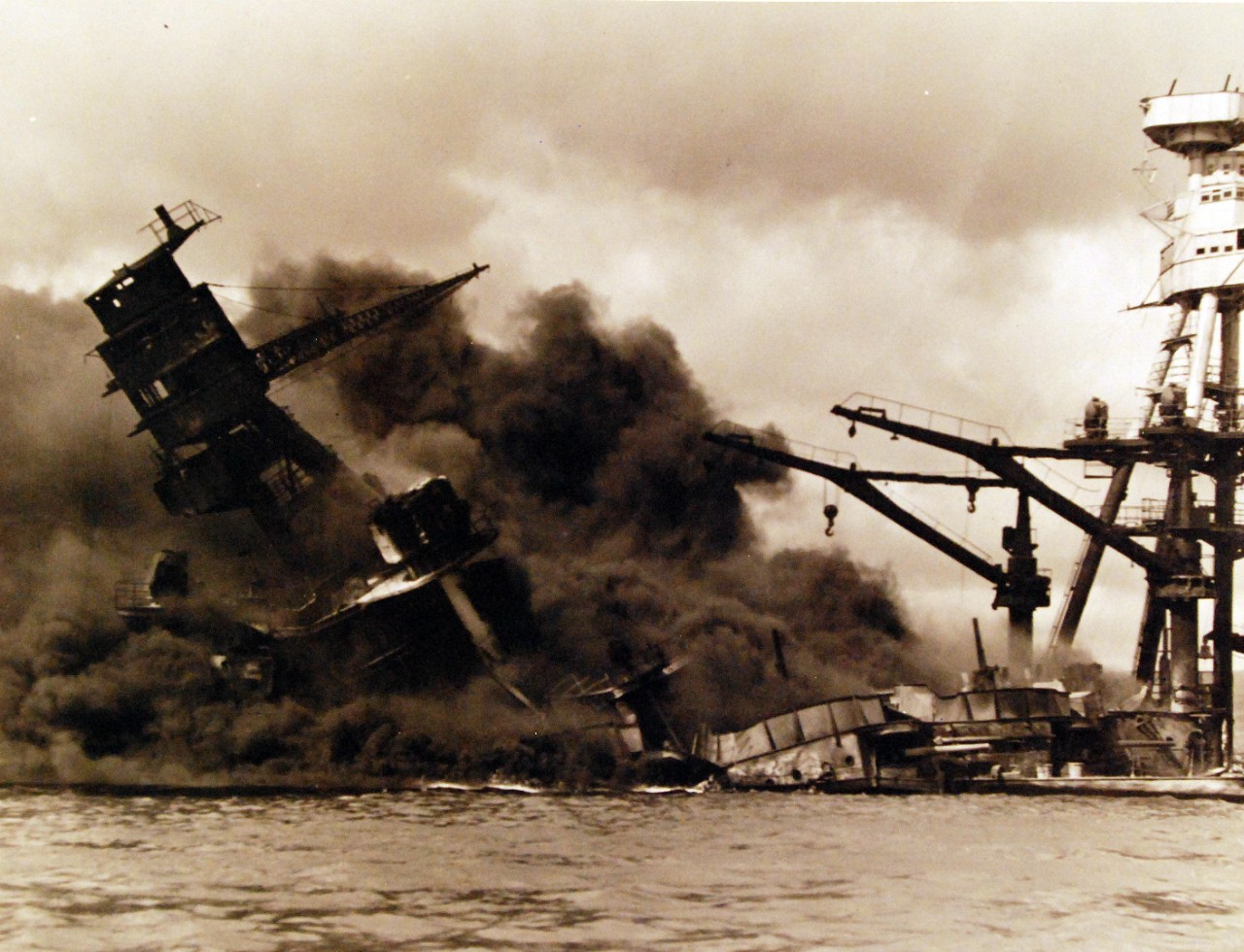 80-G-32427:  Japanese Attack on Pearl Harbor, December 7, 1941.   USS Arizona (BB 39) burning after the attack. Official U.S. Navy photograph, now in the collections of the National Archives.    (9/15/15).
