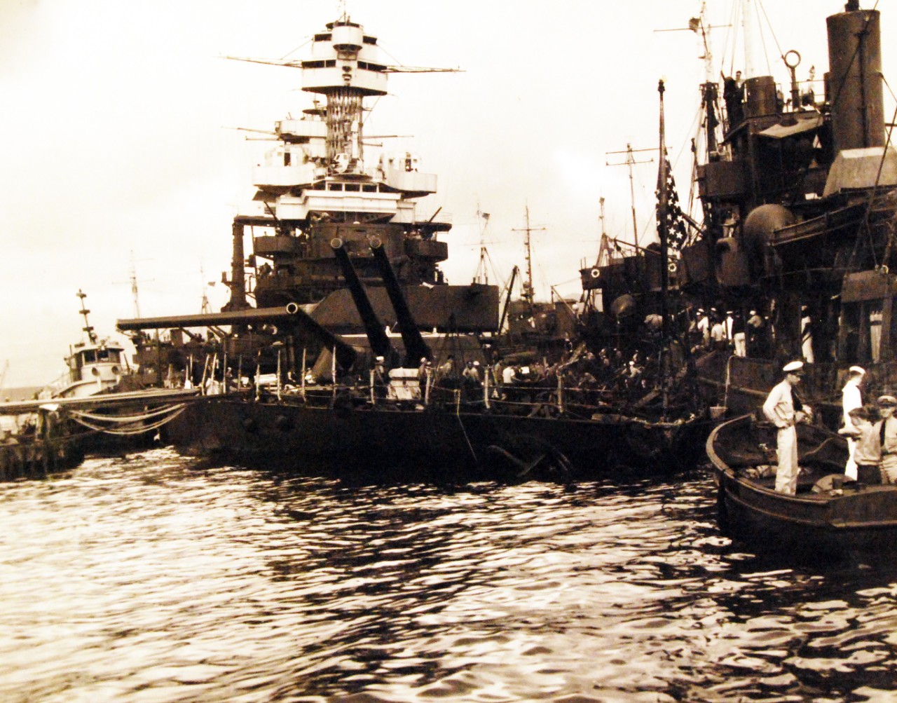 80-G-32454: Japanese Attack on Pearl Harbor, December 7, 1941.   Bow view of the damaged battleship USS California (BB 44).  Official U.S. Navy photograph, now in the collections of the National Archives. (9/15/15).