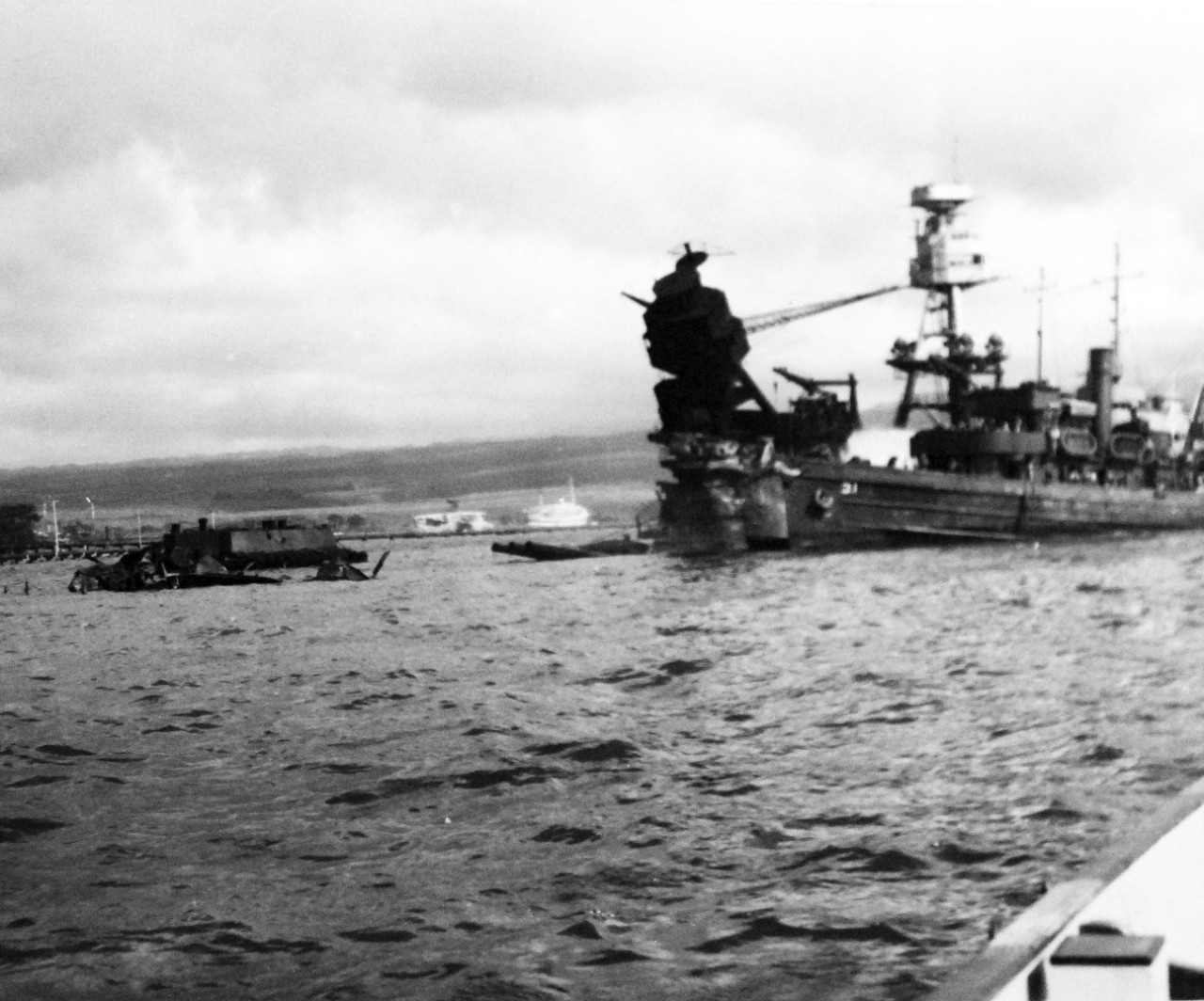 80-G-32612: Japanese Attack on Pearl Harbor, December 7, 1941.    USS Arizona (BB 39) shown after the Japanese attack on Pearl Harbor, 9 December 1941. Official U.S. Navy photograph, now in the collections of the National Archives.        (7/2/2014).